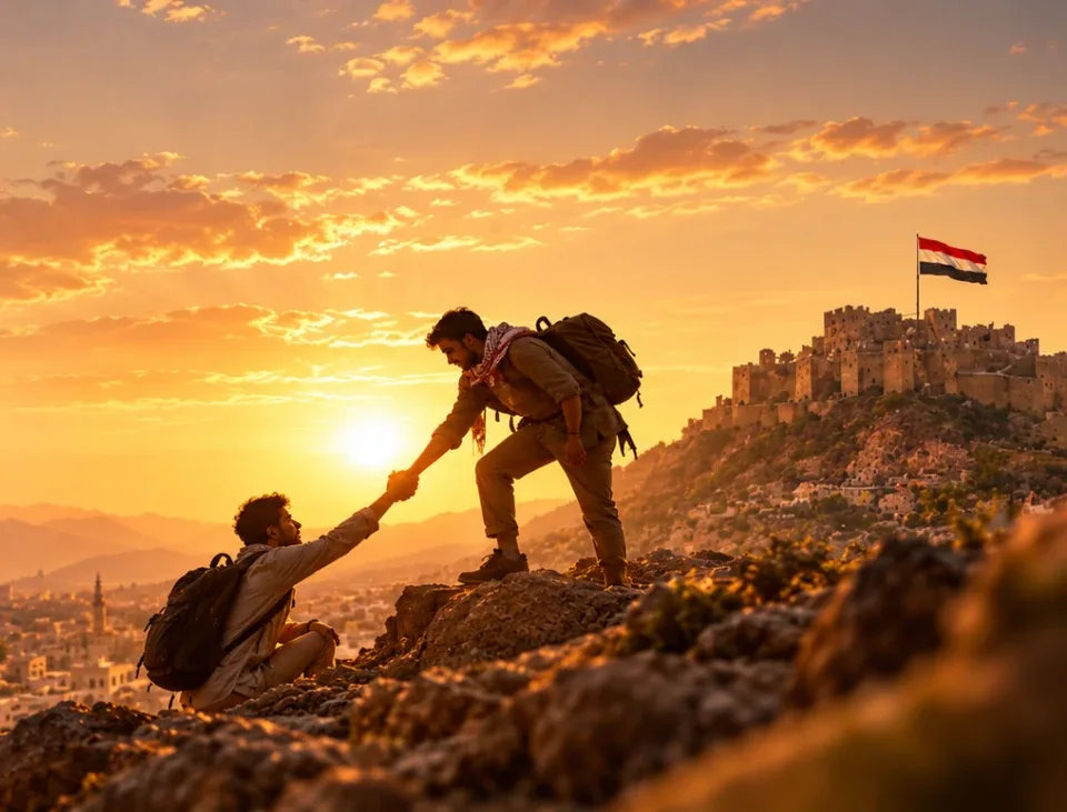 شاب يساعد آخر على صعود جبل في تعز